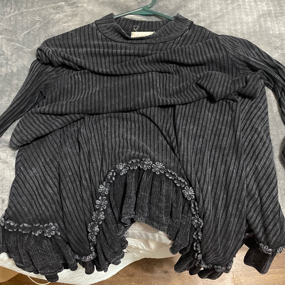Altar'd State Black Ribbed Sweater with Floral Hem